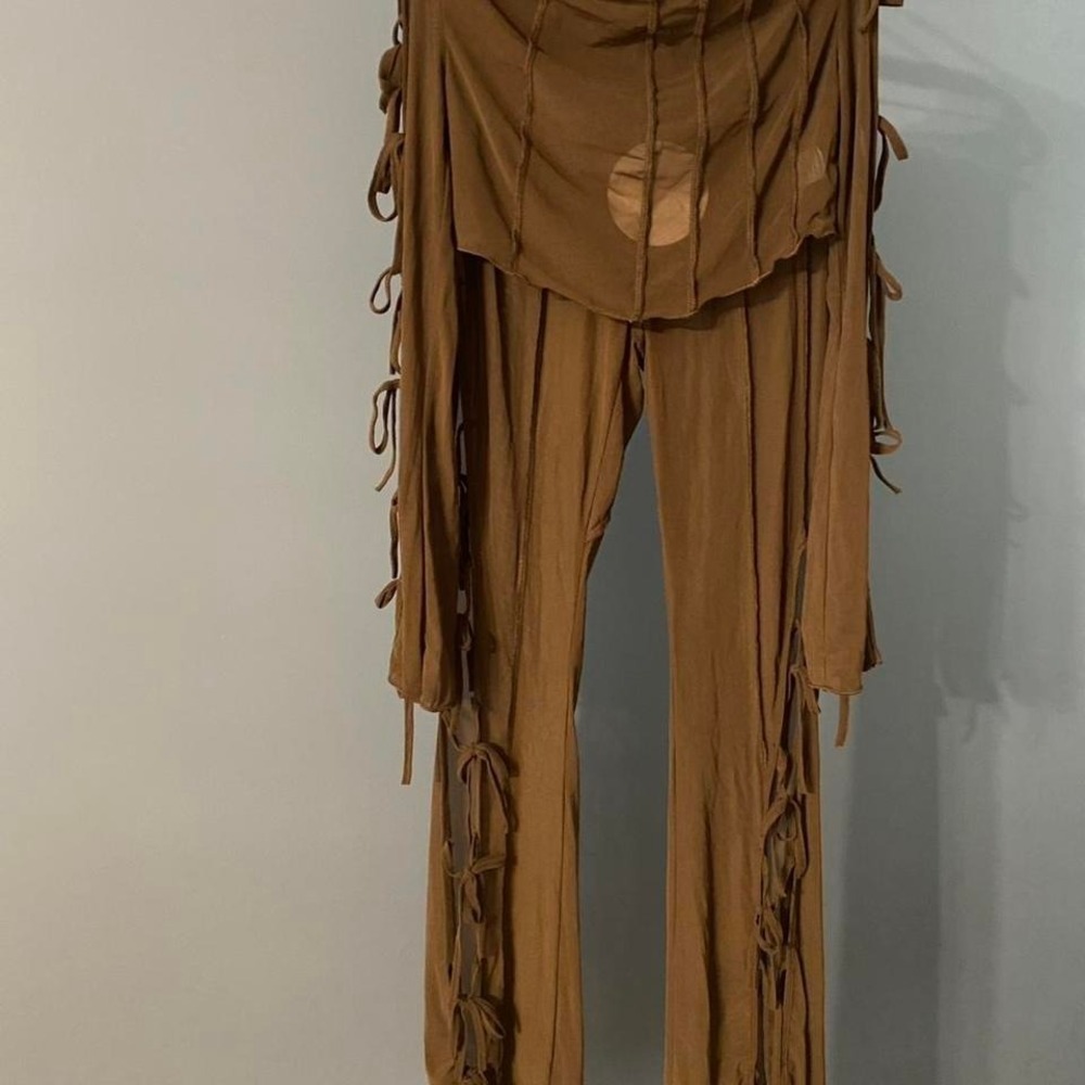 Rehab Lab Mesh Two Piece Set Women Small Brown NEW Lace Up Cutout Crop Top Pants